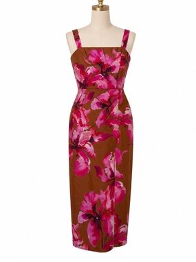 AMUR Floral Midi Sheath Dress Brown Pink Square Neck Size S NWOT